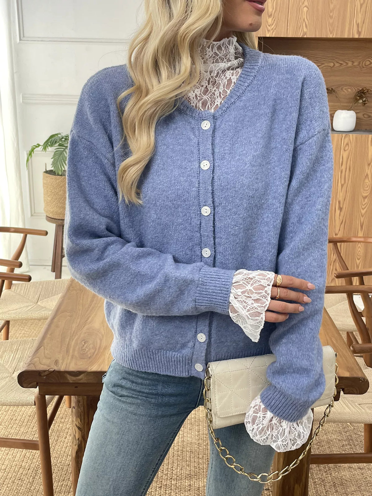 Button-Down Cardigan with Delicate Lace Trim