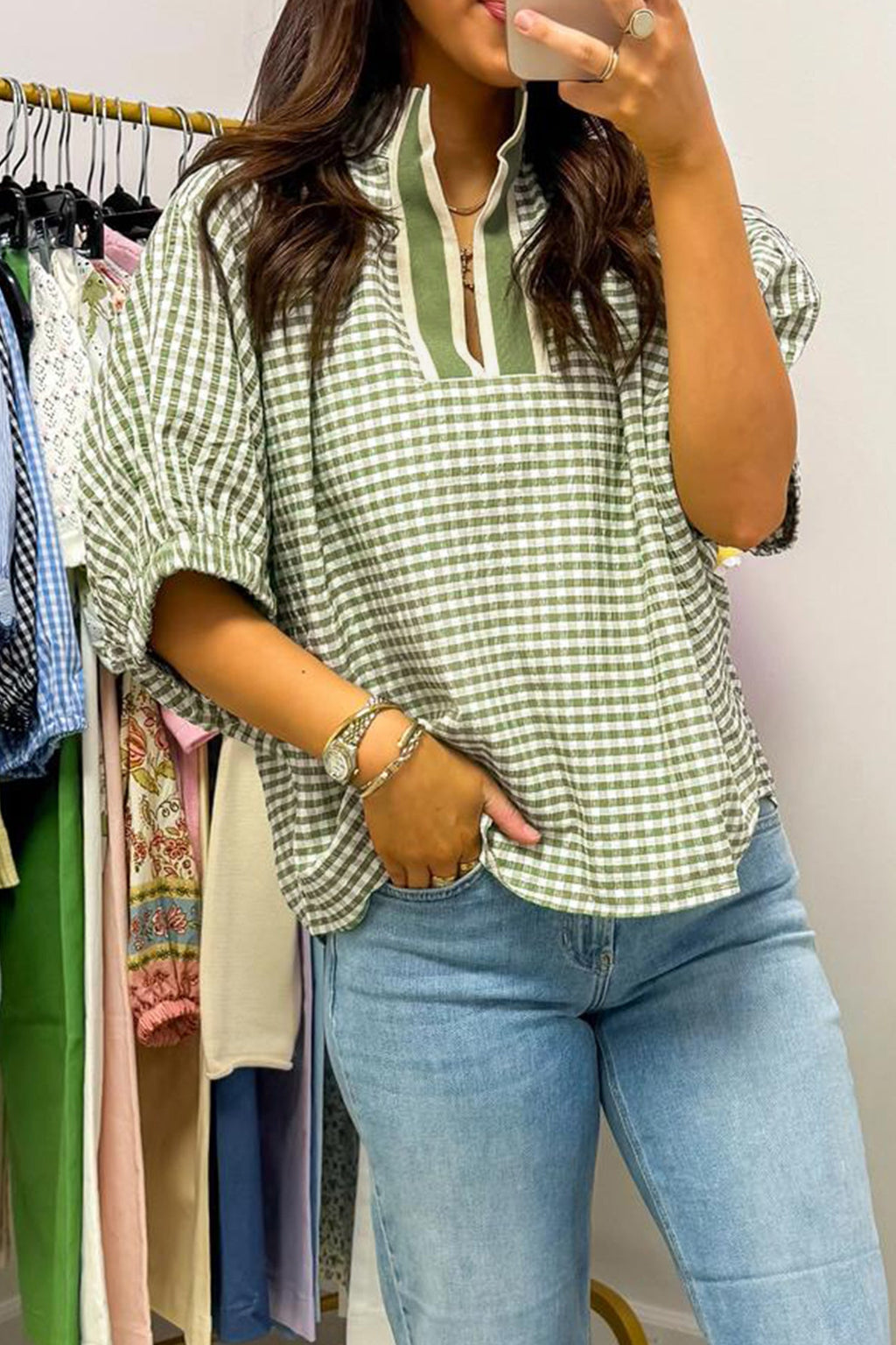 Green Plaid Short Sleeve Colorblock Trim Split Neck Blouse