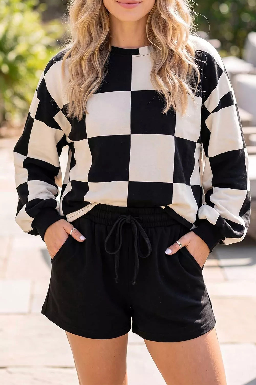 Checkerboard Print Sweatshirt and Shorts Set