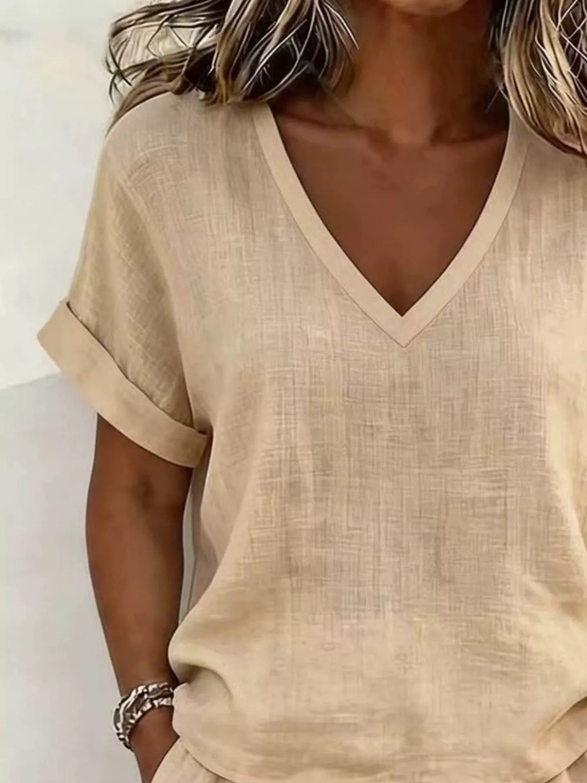 V-Neck Linen Blend Short Sleeve Top and Shorts Set