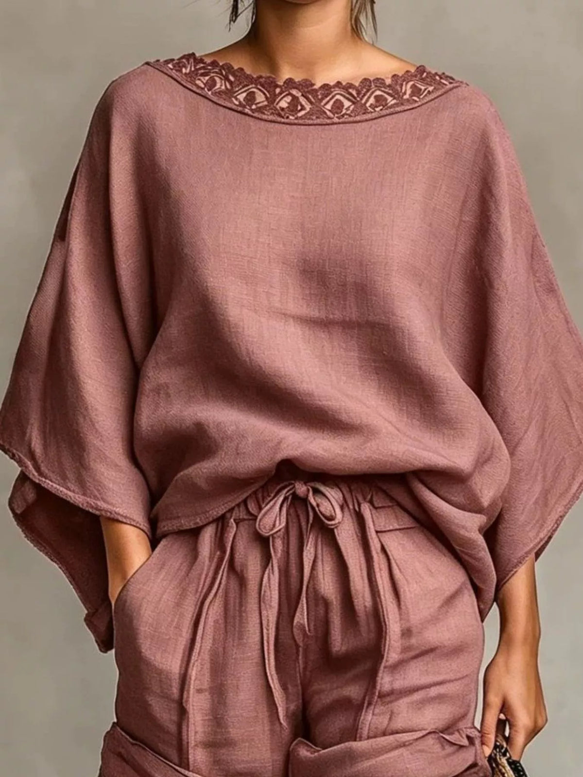 Lace Trim Top and Drawstring Shorts Set