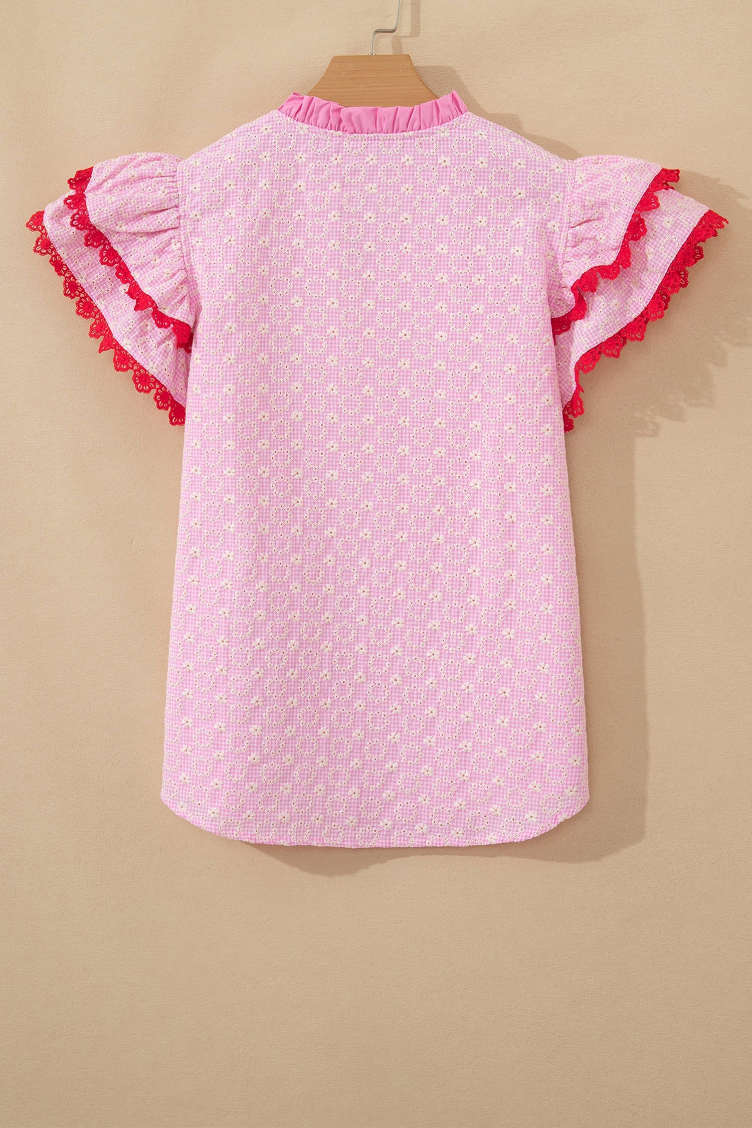 Pink Eyelet Embroidered Flower Texture Contrast Lace Trim Flutter Sleeve Blouse