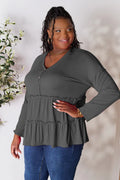 Half-Button Long Sleeve Ruffle Hem Blouse – Plus Size