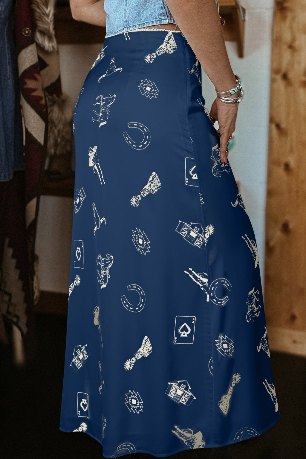 White Western Print Satin Long Skirt