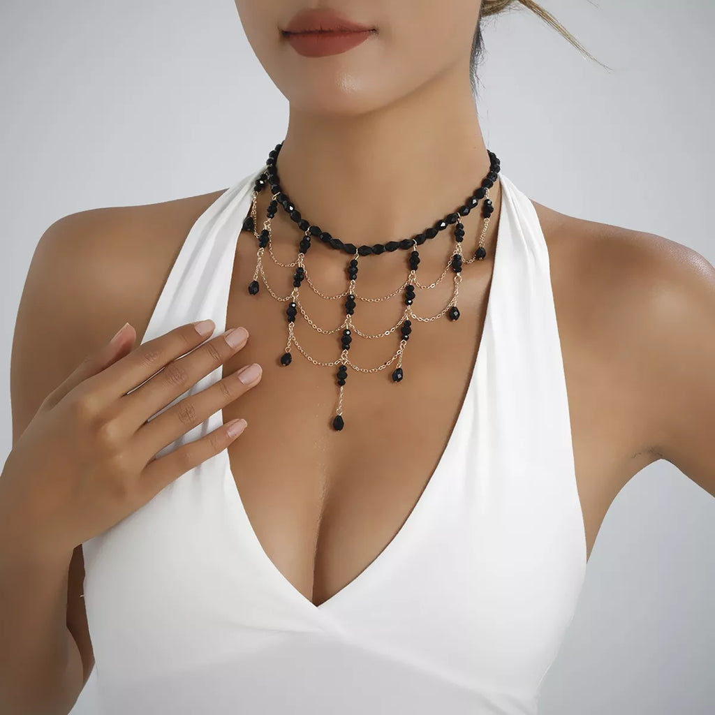 Beaded Choker Necklace with Draping Chains