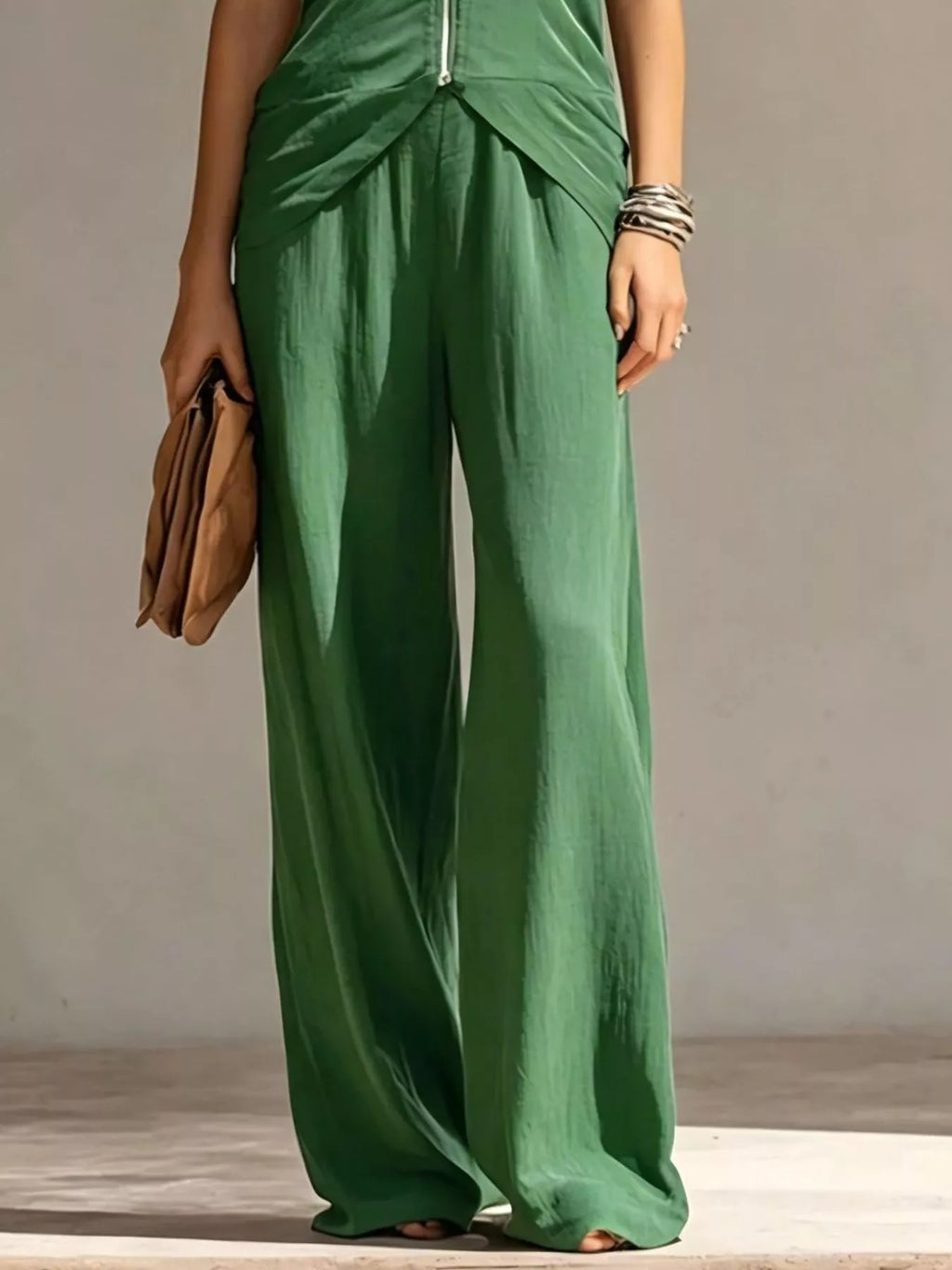 Full Size Zipper Front Tank and Wide-Leg Pants Set Plus Size