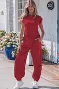 Racing Red Solid Color Cropped Tank Top and Jogger Pants Set