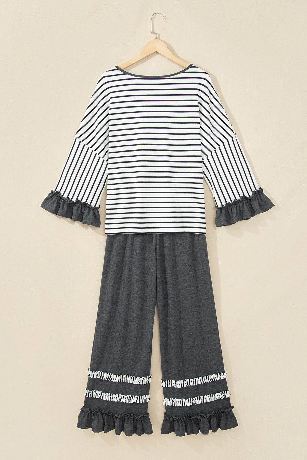 Gray Stripe V Neck Ruffle Contrast Sleeve Top Drawstring Pants 2pcs Set