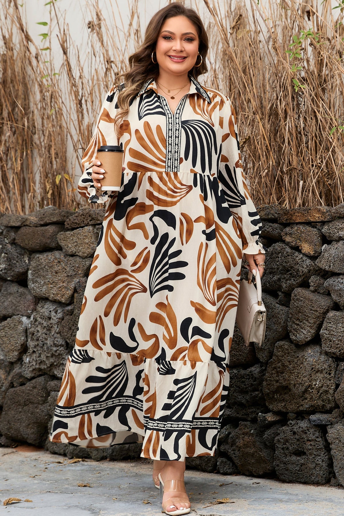 Plus Size Boho Abstract Long Sleeve Maxi Dress