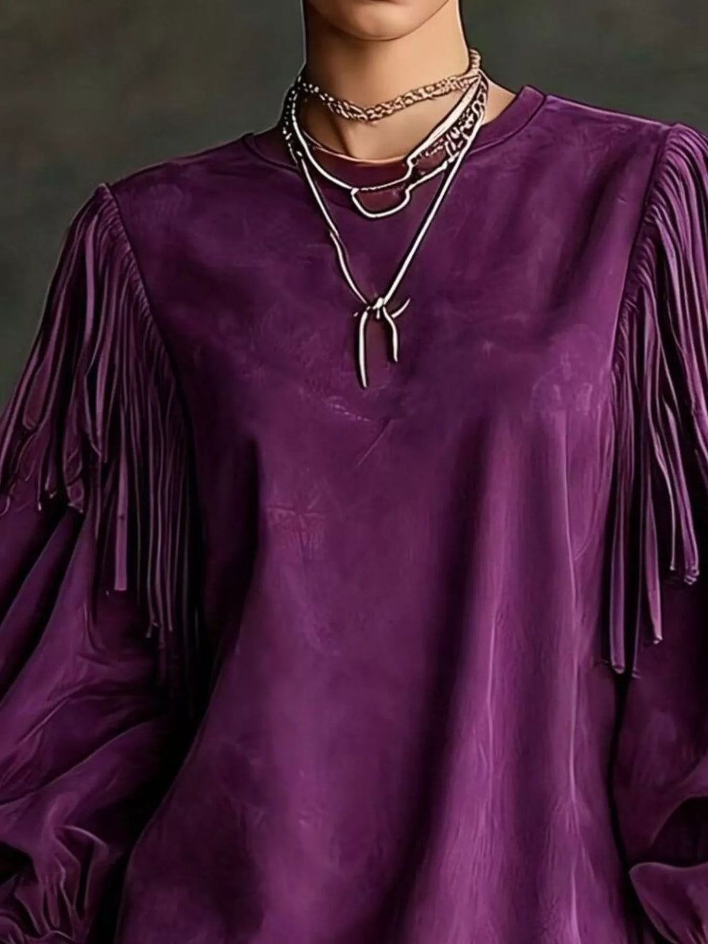 Fringe Detail Lantern Sleeve Mini Dress