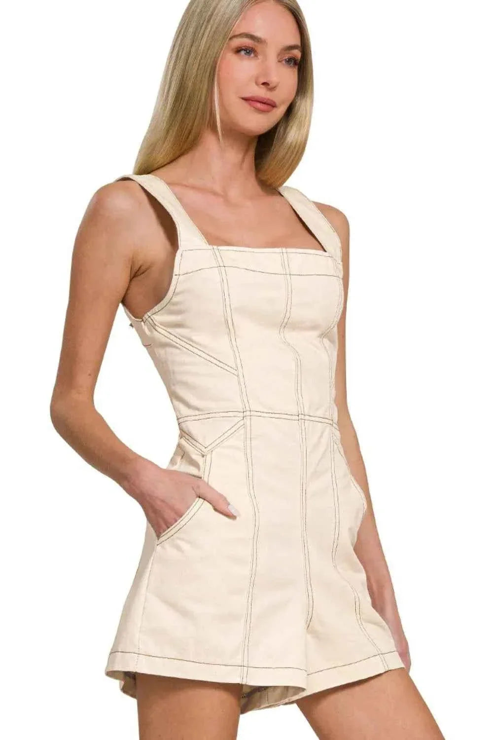 Square Neck Tie Back Romper with Contrast Stitching