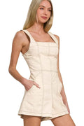 Square Neck Tie Back Romper with Contrast Stitching