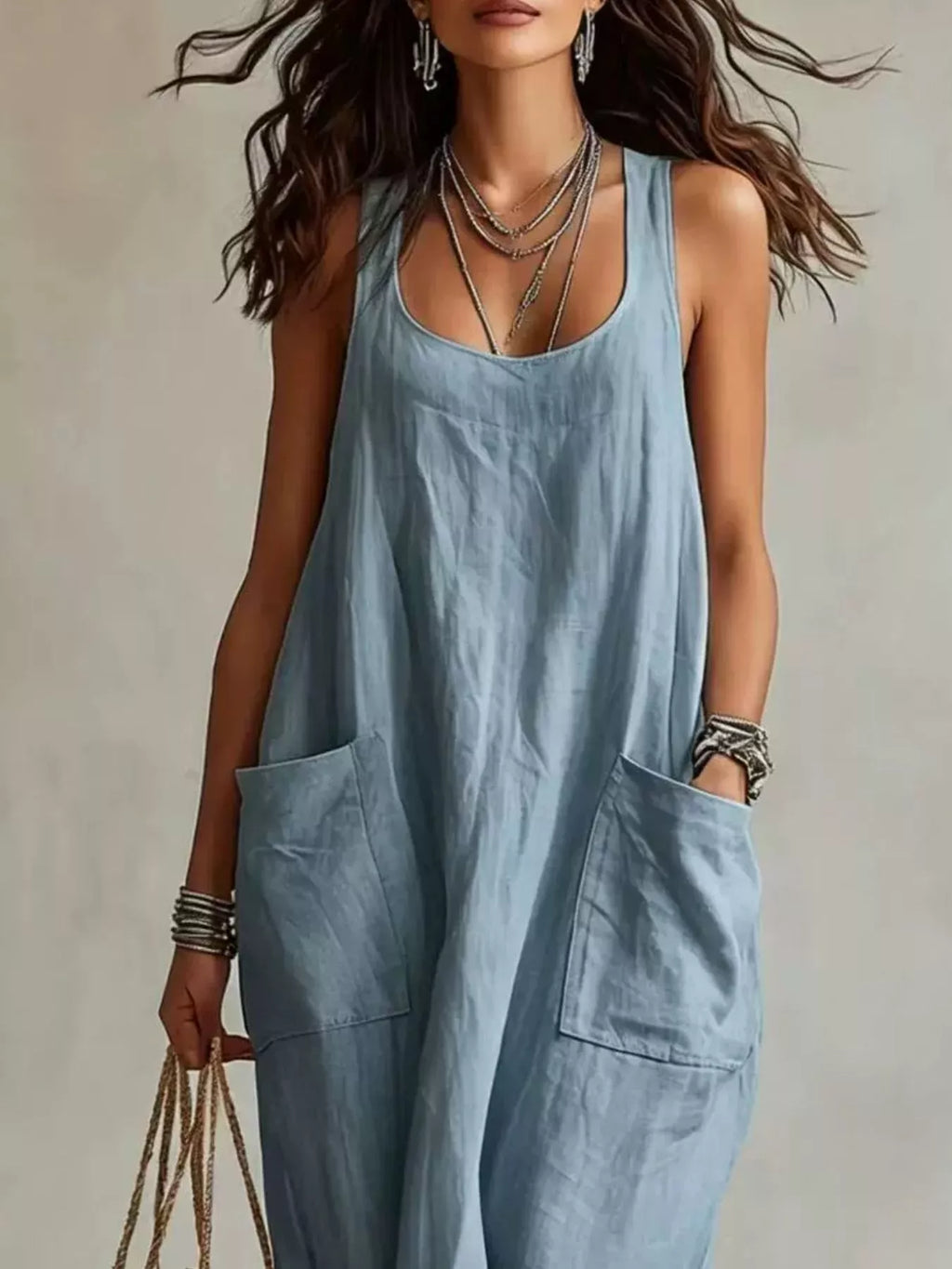 Scoop Neck Sleeveless Maxi Dress with Pockets