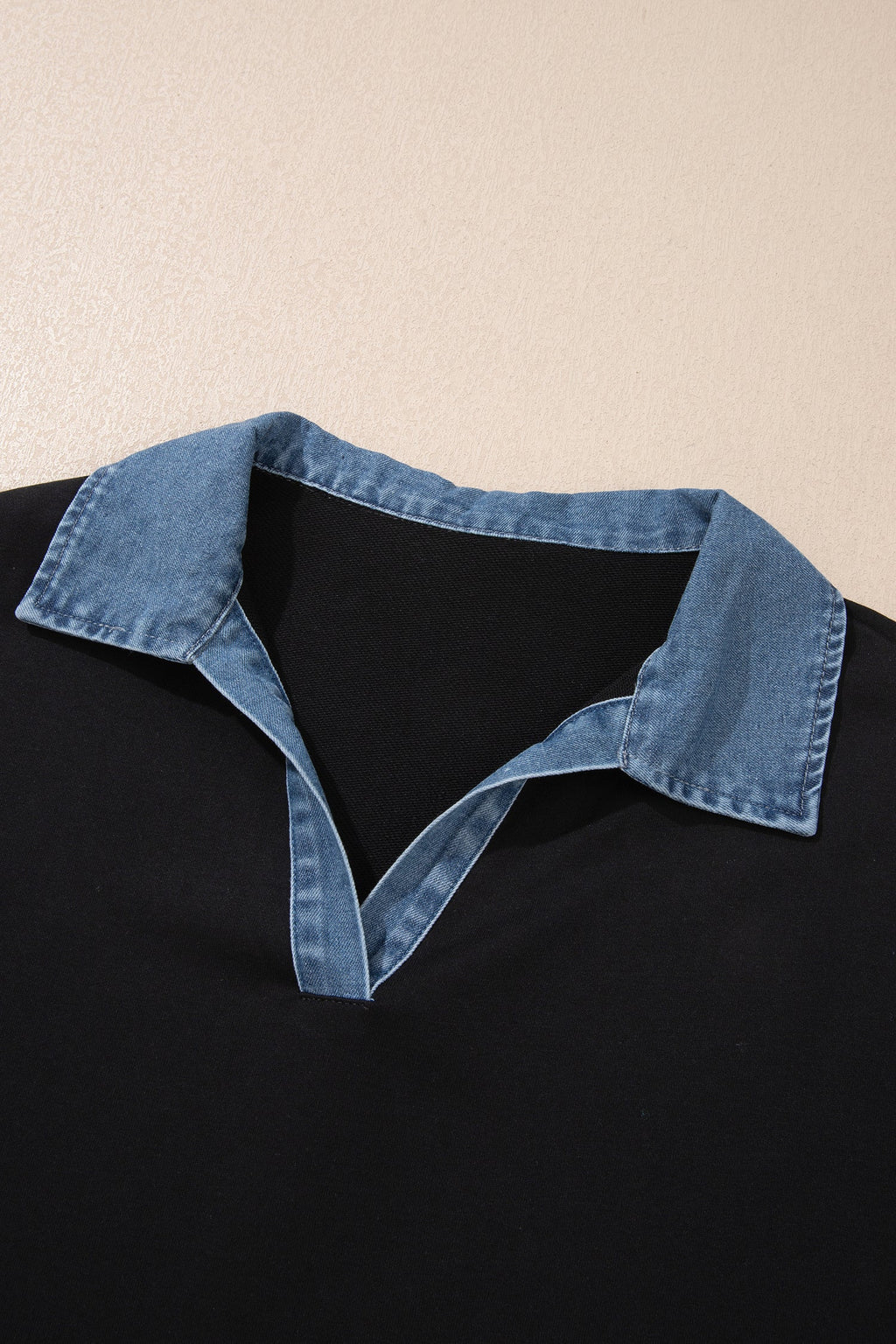 Plus Size Denim Collared V-Neck Long Sleeve Knit Blouse