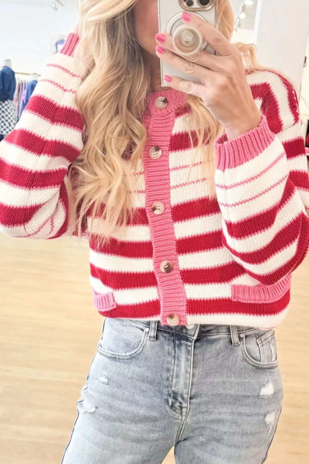 Stripe V Neck Long Sleeve Regular Fit Cardigan