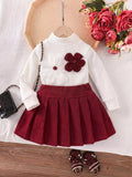 Children's Floral Applique Mock Neck Top and Pleated Skirt Set