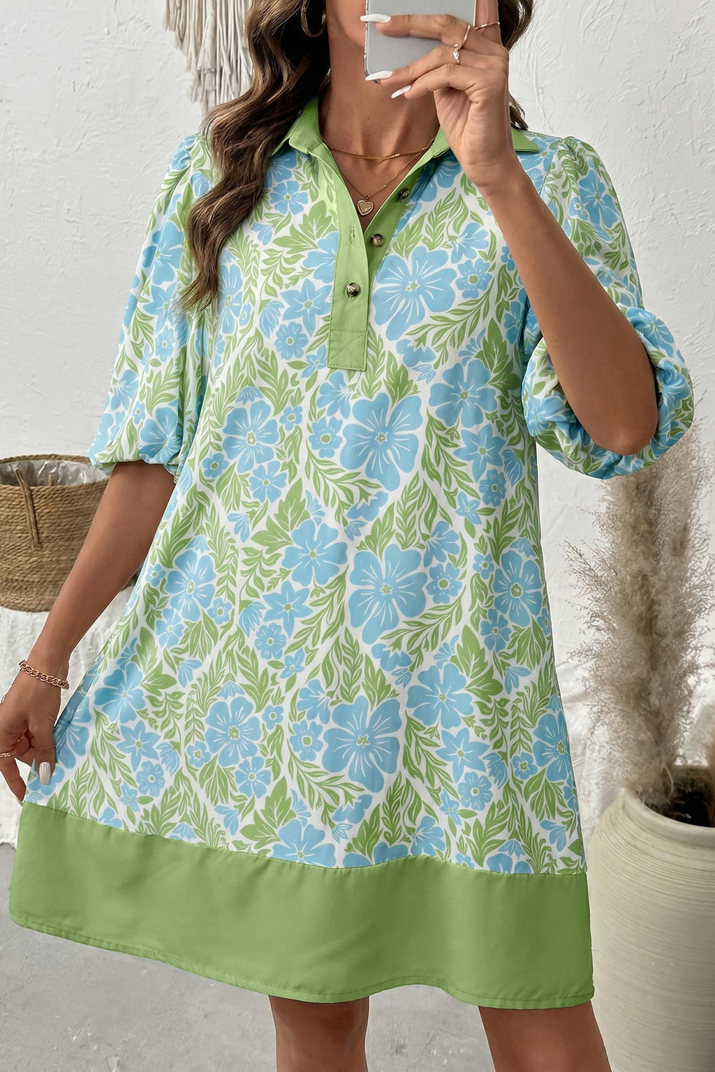 Sky Blue Floral Print Color Block Patchwork Shirt Collar Half Sleeve Mini Dress