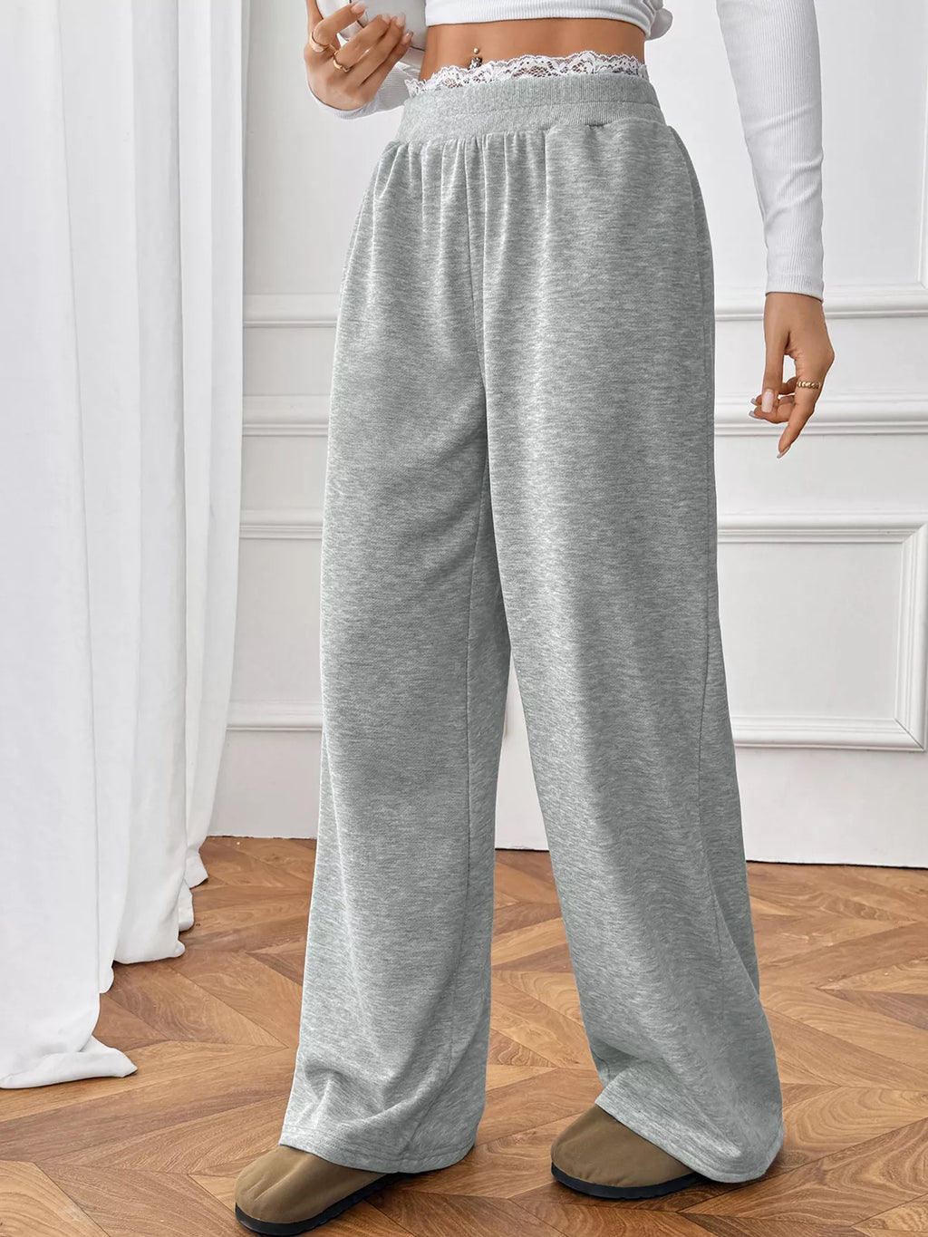 Lace Detail Wide Leg Casual Pants