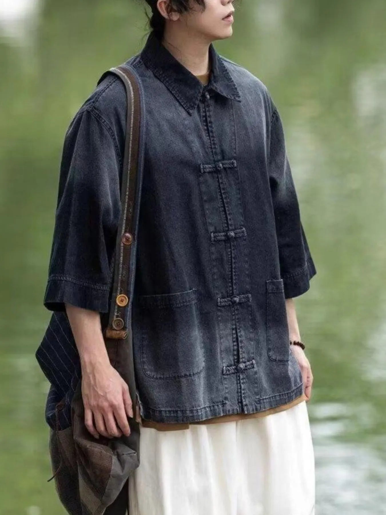 Men's Full Size Oversized 3/4 Sleeve Denim Shirt Plus Size