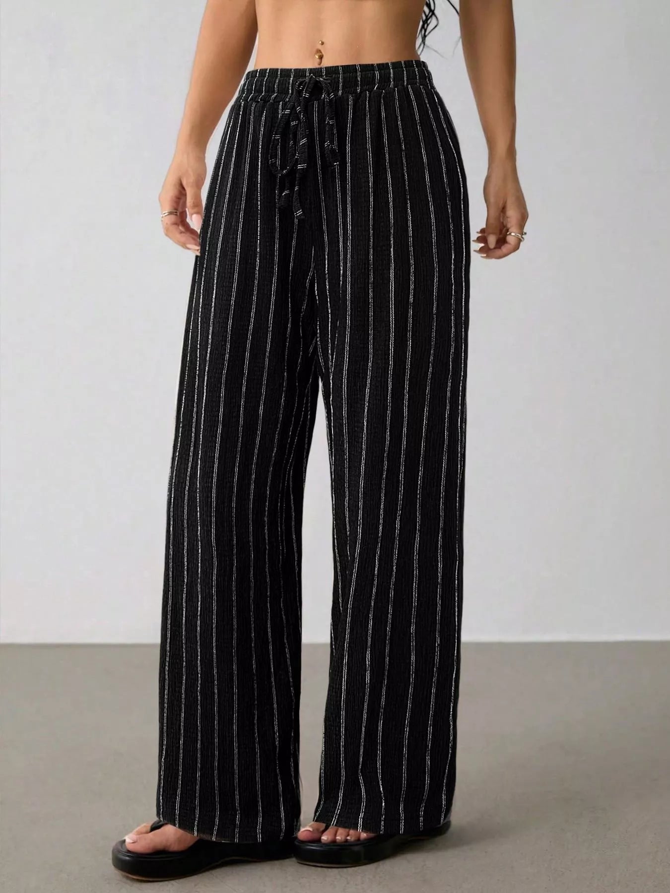 Striped Wide-Leg Drawstring Pants