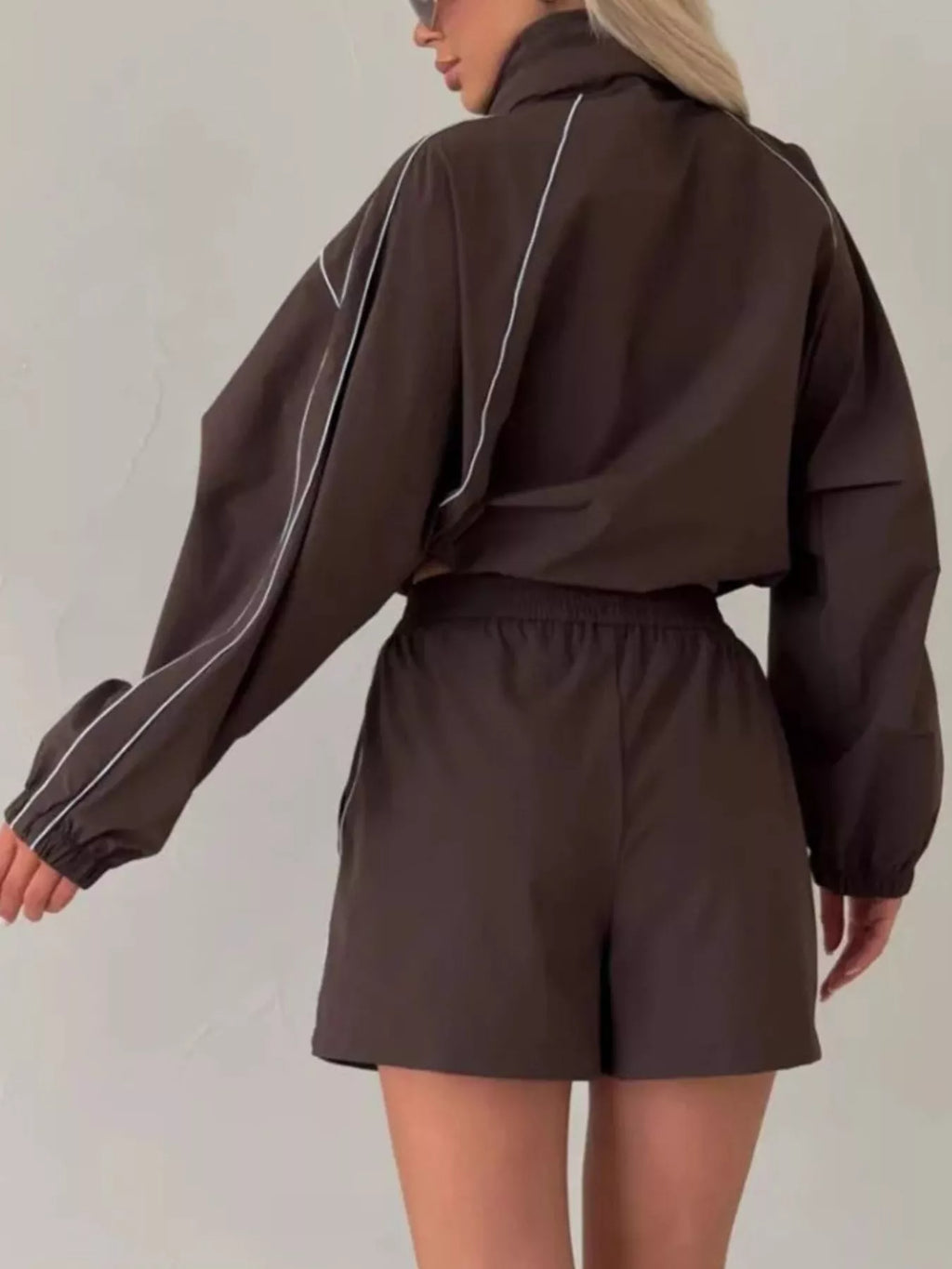 Drawstring Zip-Up Jacket and Shorts Set