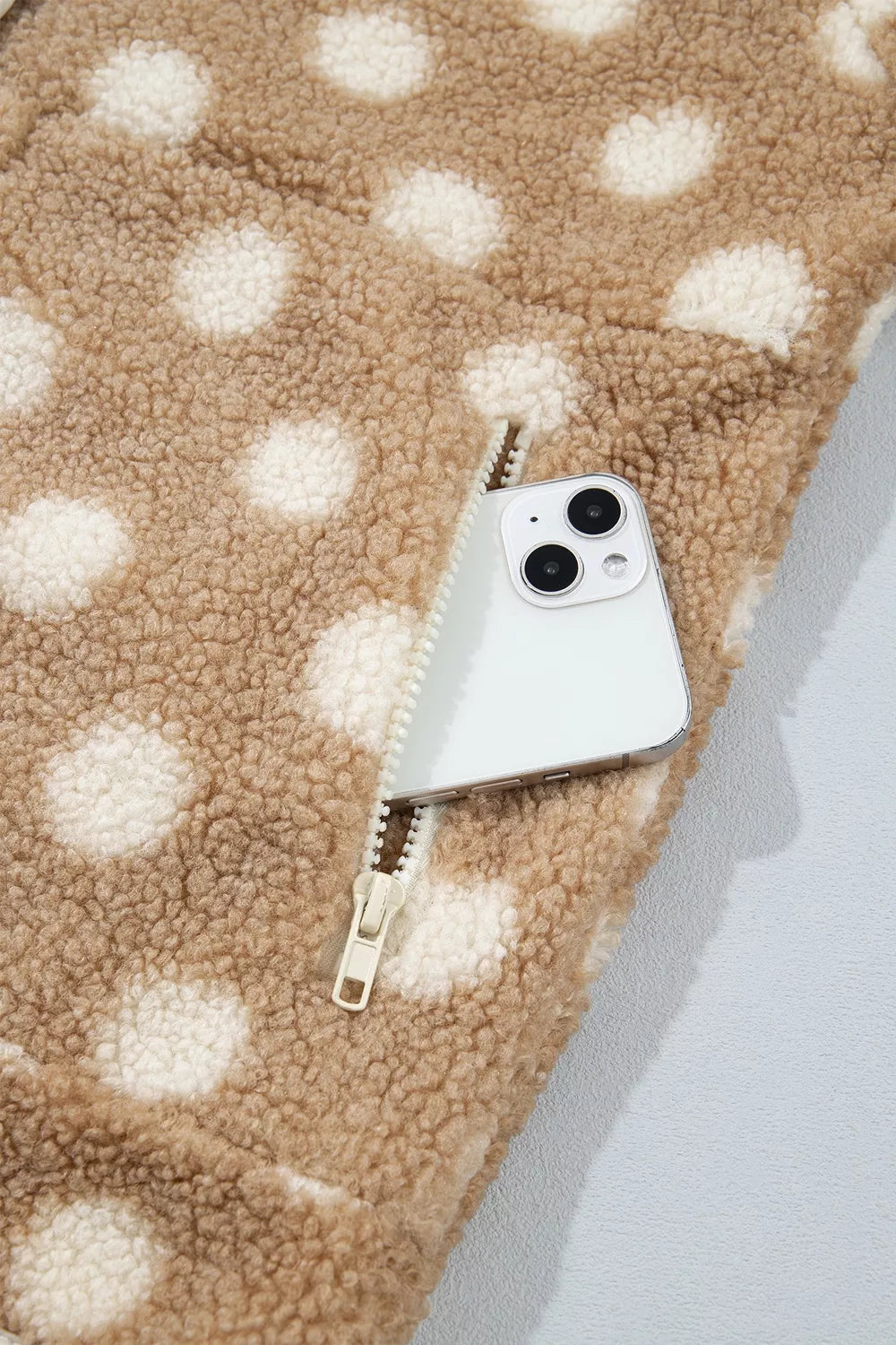 Polka Dot Faux Fur Metal Button Placket Shift Silhouette Jacket