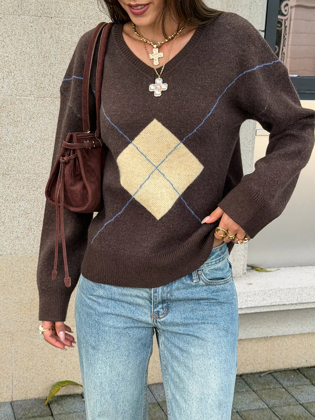 Argyle Pattern V-Neck Knit Sweater