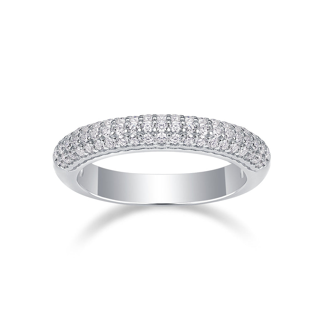 S925 Silver 3.3g Platinum Plated Moissanite Ring, 4.0mm 63pcs D VVS1 Micro Pave Band, GRA Certified US 5-9