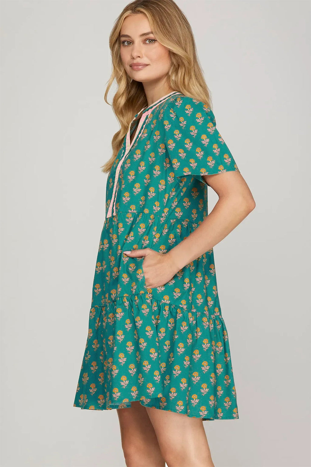 Green Contrast Trim V Neck Short Sleeve Floral Dress