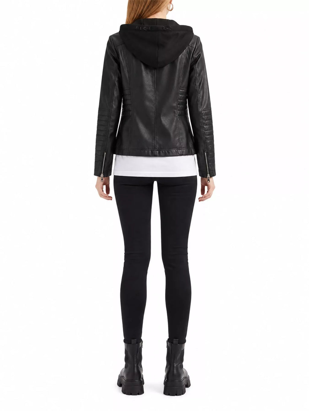 Full Size Detachable Hooded Faux Leather Moto Jacket Plus Size