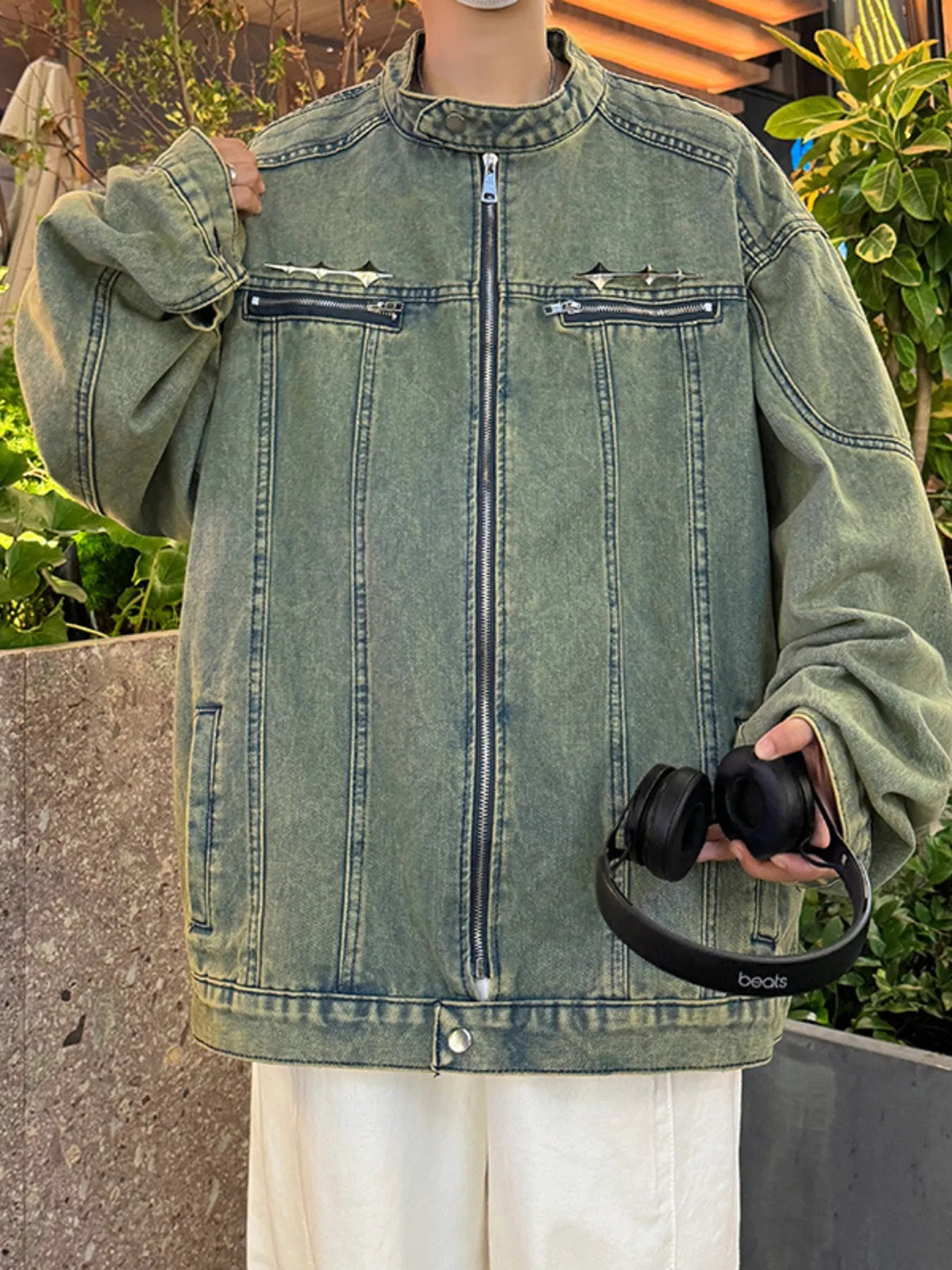 Men's Plus Size Zip Up Long Sleeve Denim Jacket