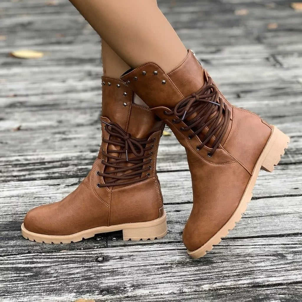 Lace Up Block Heels Boots