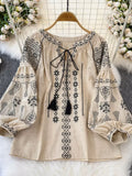 Bohemian Embroidered Blouse with Tassel Tie