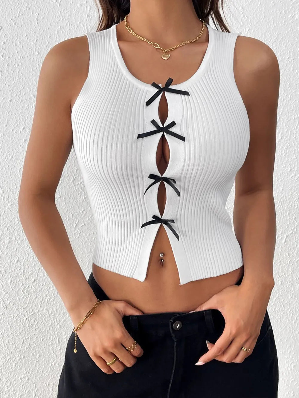 Bow Front Round Neck Stretch Tank Top