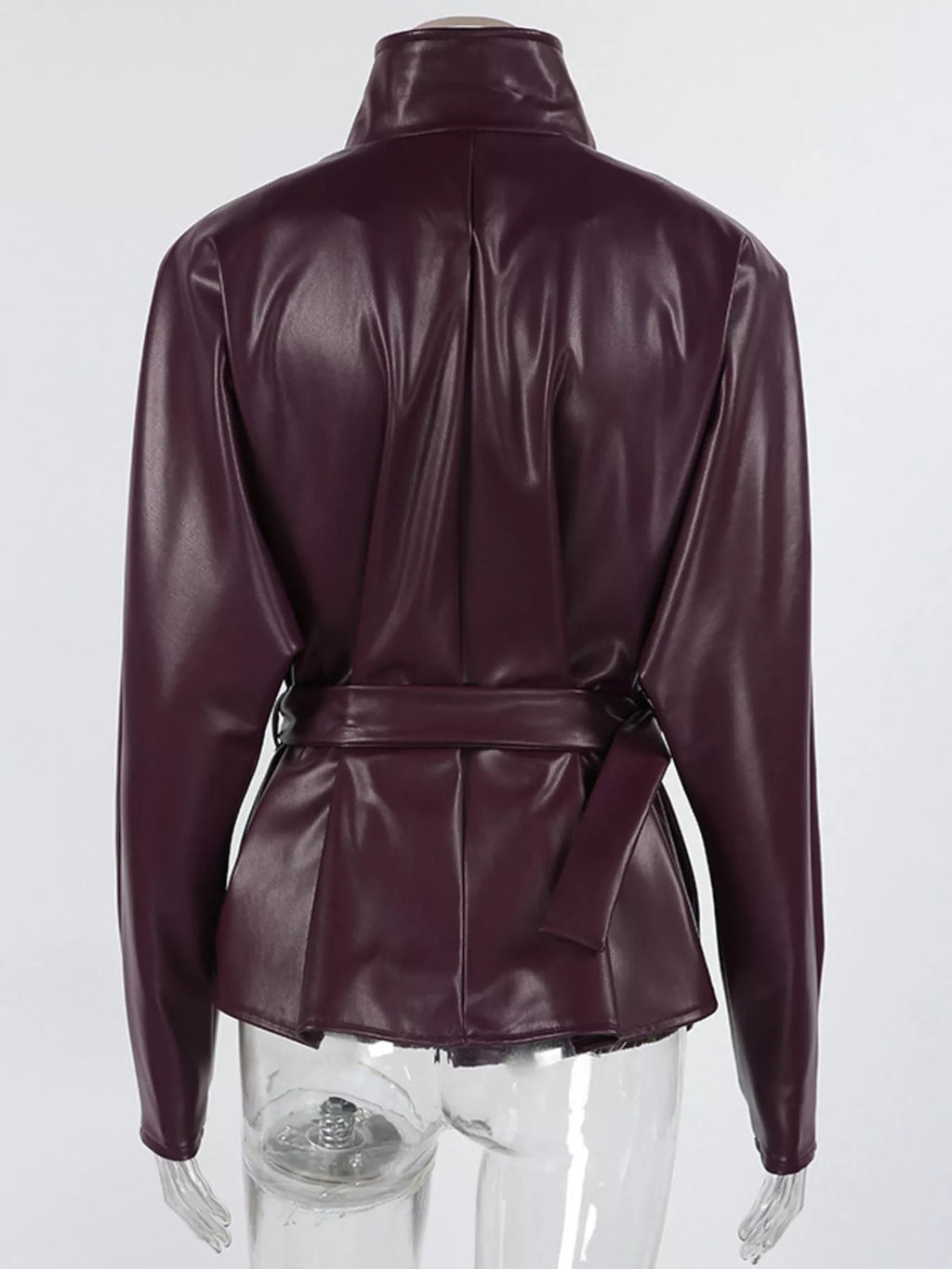 Stand Collar Belted Faux Leather Jacket