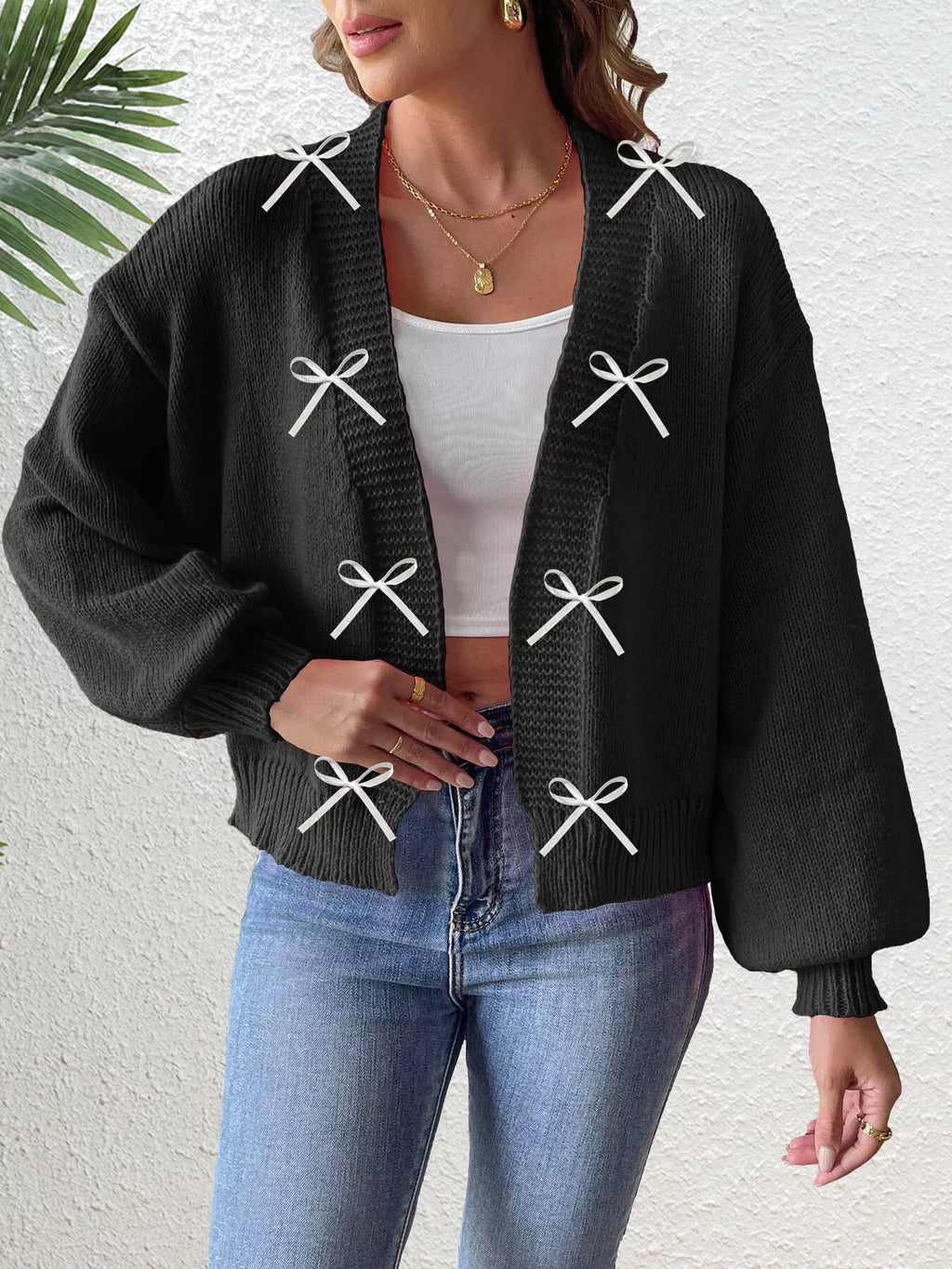 Bow-Tie Open Front Knit Cardigan