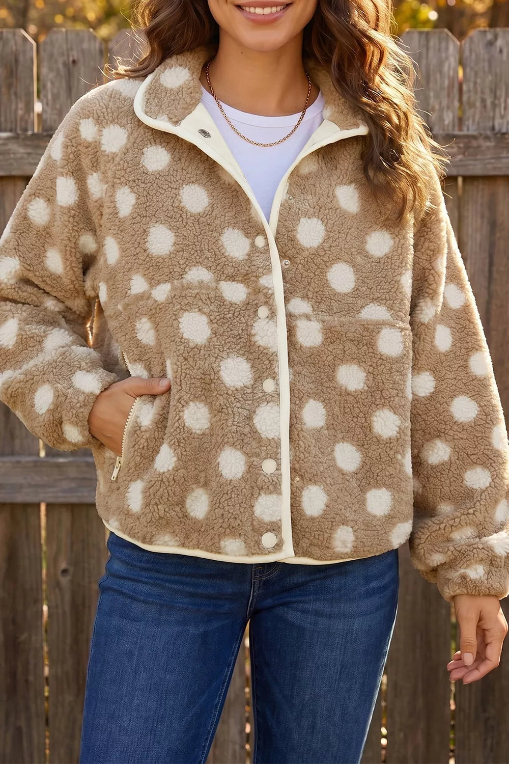 Polka Dot Faux Fur Metal Button Placket Shift Silhouette Jacket