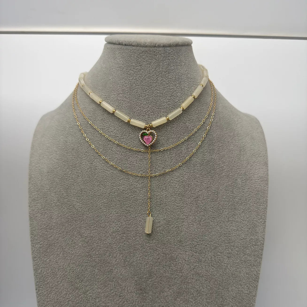 Layered Heart Pendant Necklace with Jade Beads
