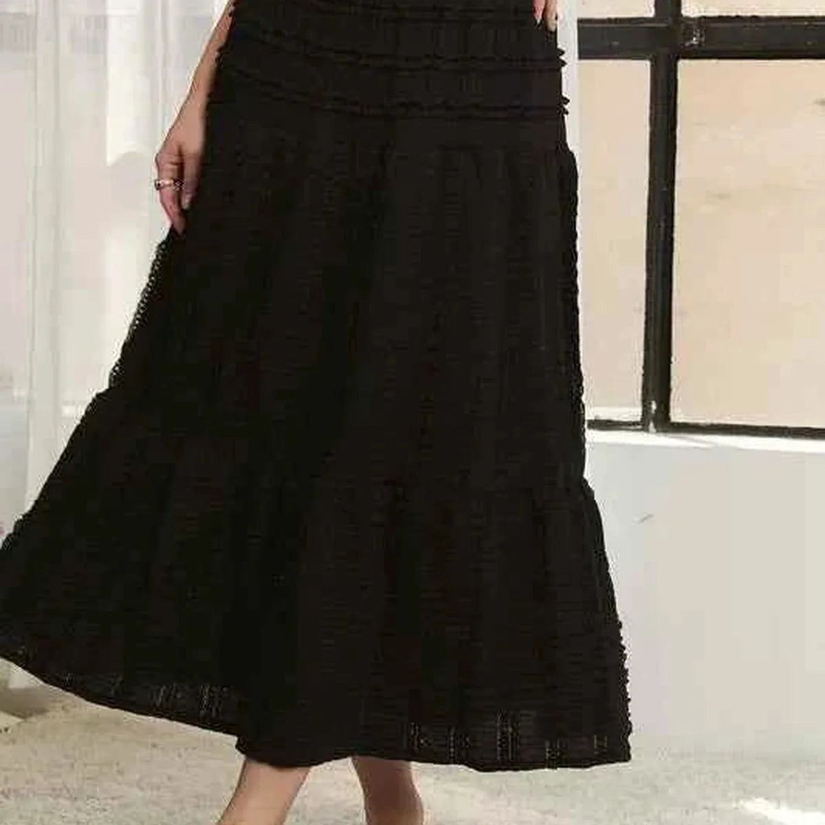 Elastic Waist Tiered Midi Skirt