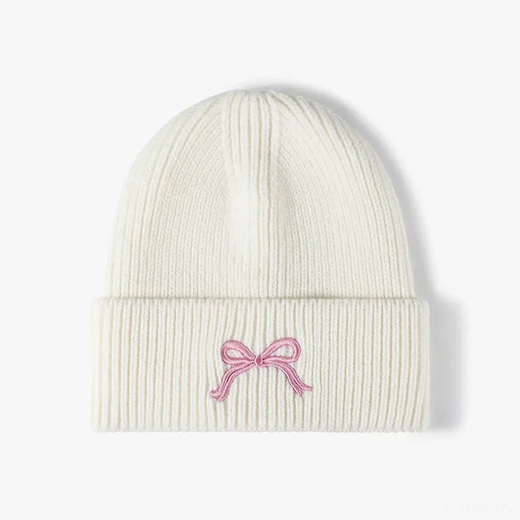 Embroidered Bow Ribbed Knit Beanie