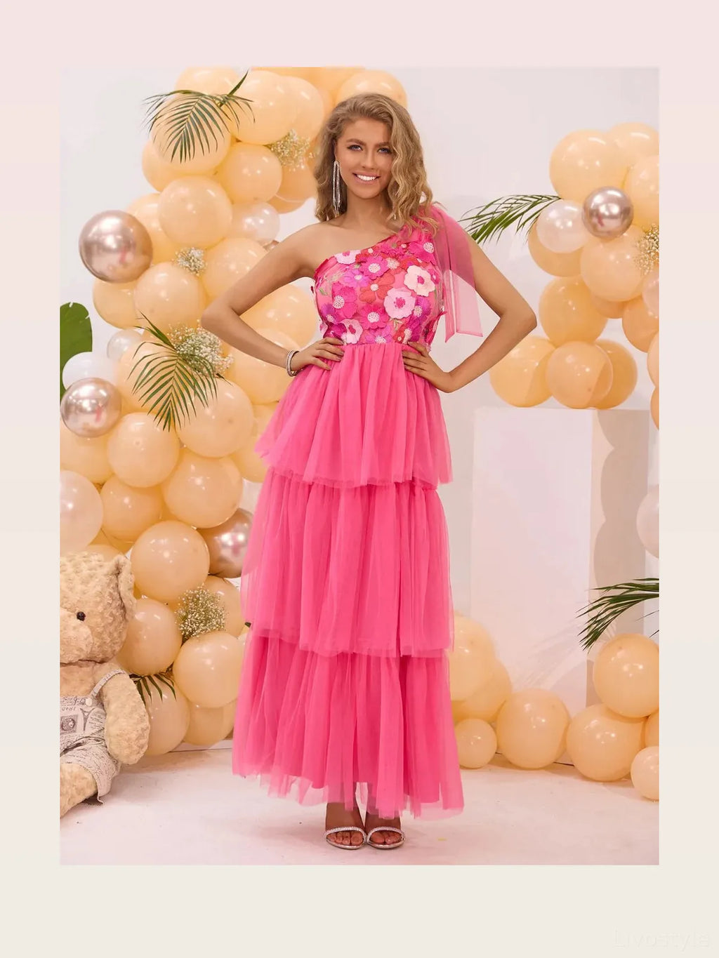 Embroidered Single Shoulder Midi Dress with Layered Design