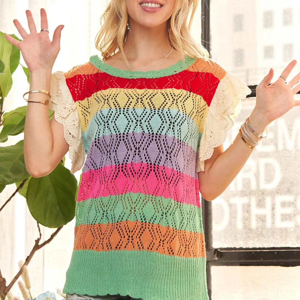 Crochet Short Sleeve Top with Eyelet Sleeves and Rainbow Stripes