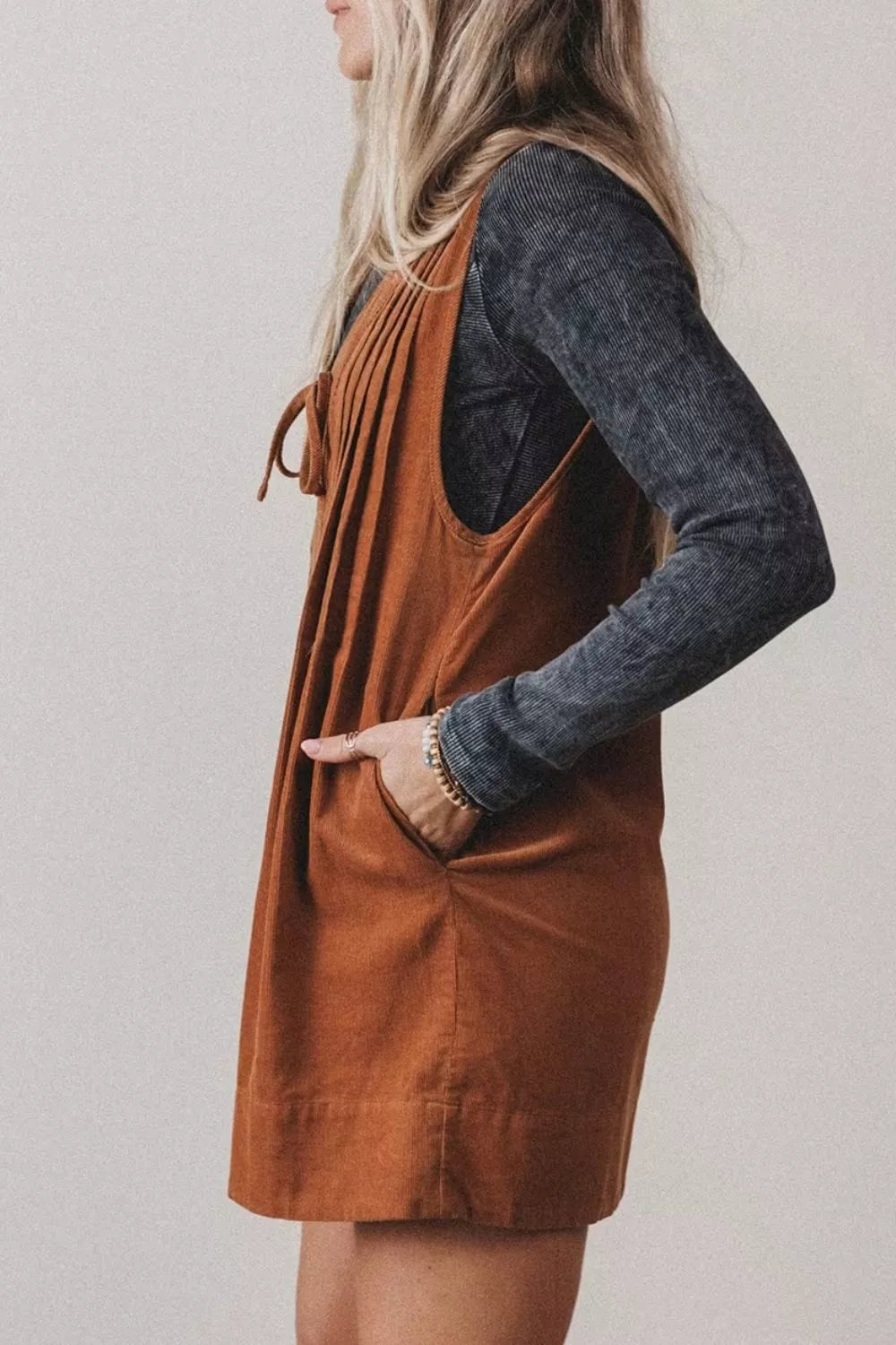 Solid Color Tie V Neck Sleeveless Corduroy Romper