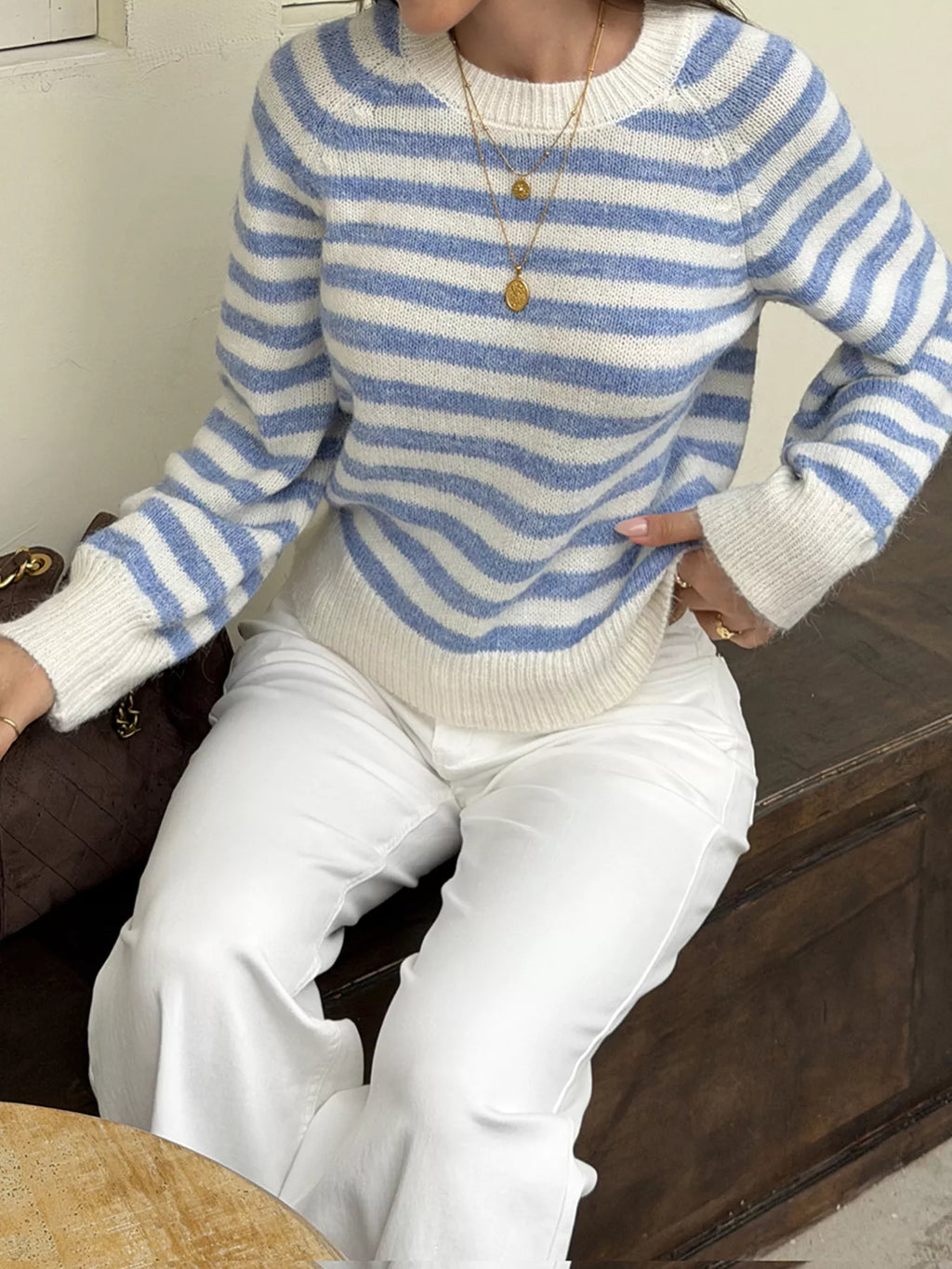 Striped Crew Neck Dropped Shoulder Sweater