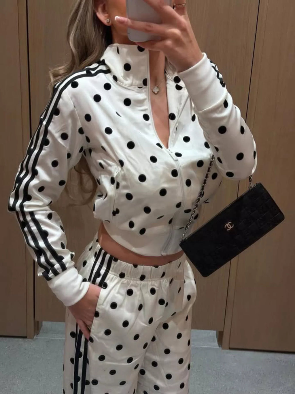 Polka Dot Side Striped Outerwear and Pants Set