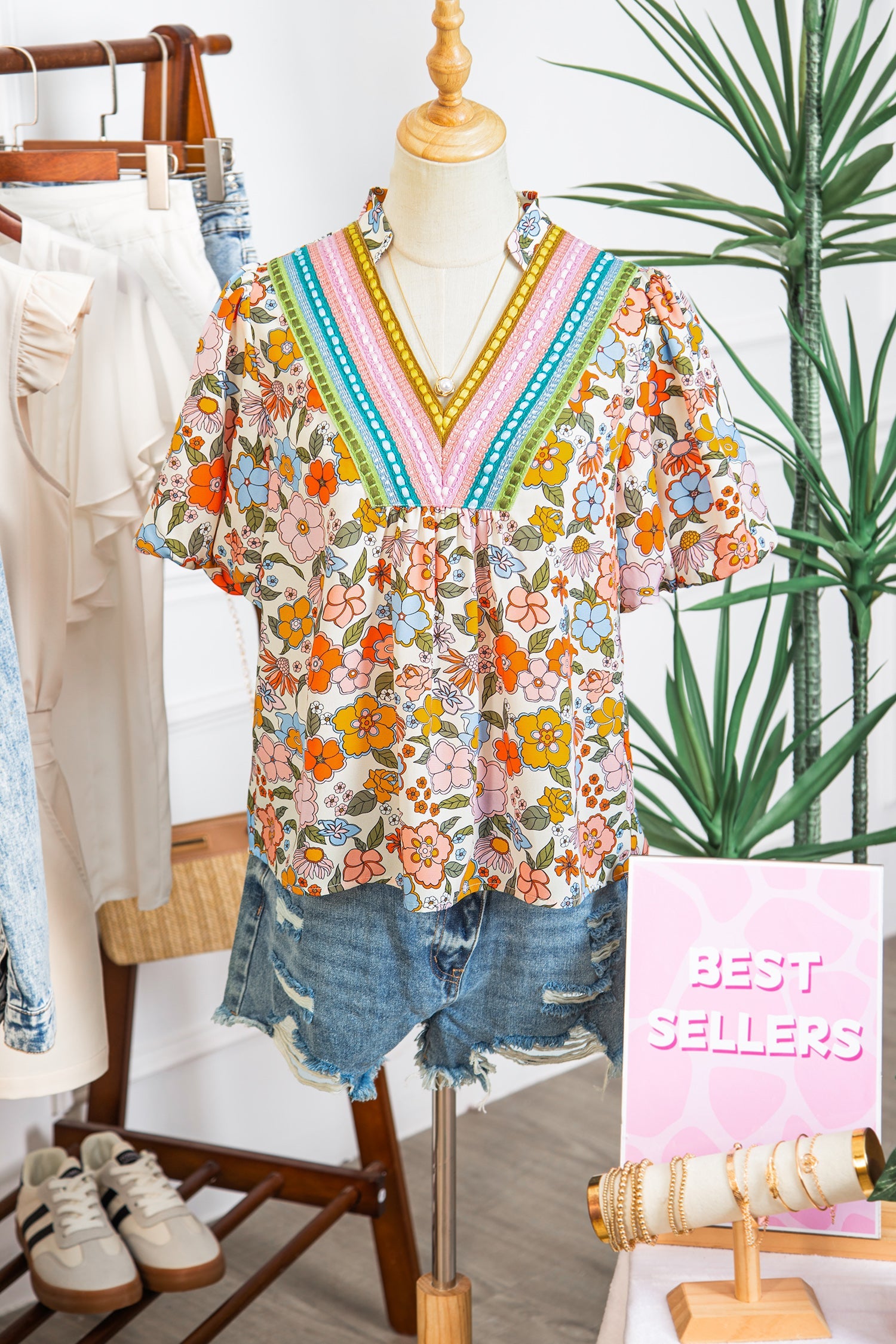 Multicolour Crochet V Neckline Puff Sleeve Boho Flower Blouse