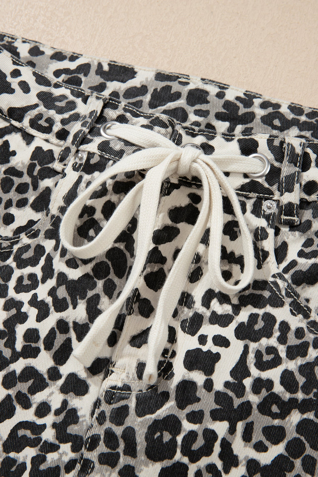 Khaki Leopard Print Drawstring Waist Straight Leg Jeans