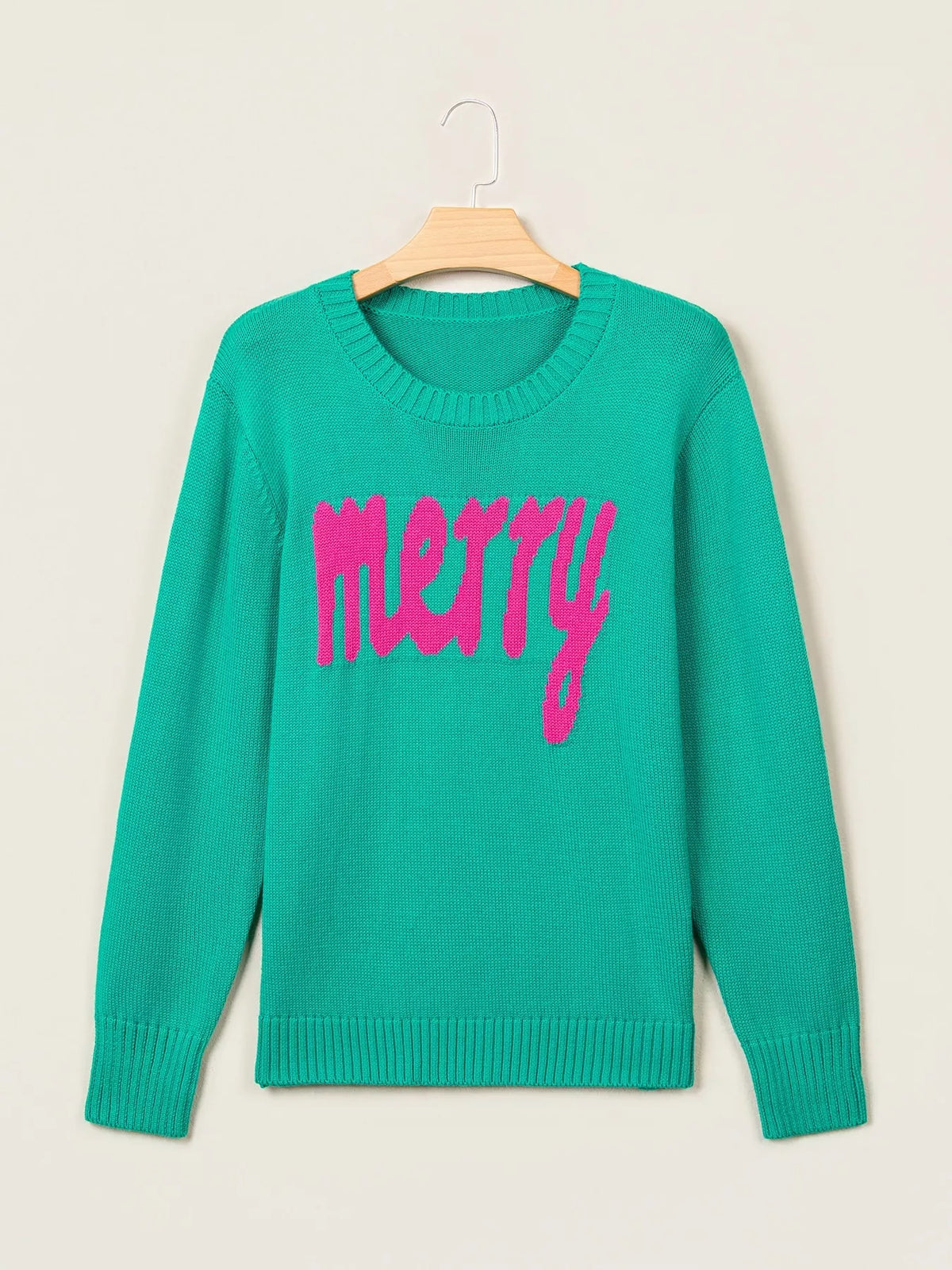 Merry Print Ribbed Trim Round Neck Loose Fit Sweater