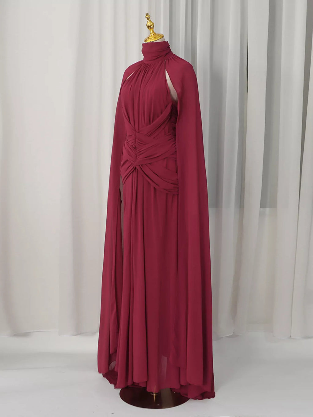 Ruched Halter Neck Cape Maxi Dress
