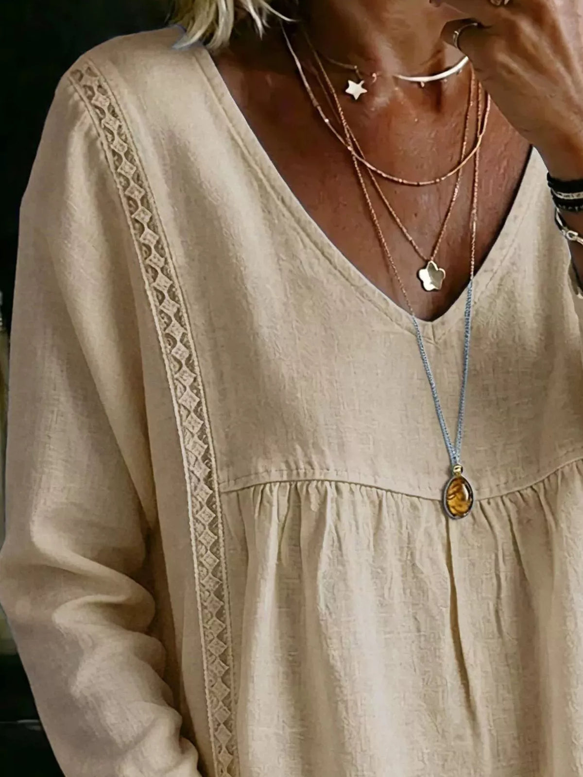 Full Size V-Neck Lace Trimmed Long Sleeve Blouse Plus Size